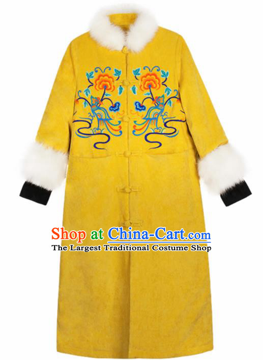 Chinese Traditional Winter Embroidered Yellow Cotton Padded Dust Coat National Tang Suit Overcoat Costumes for Women