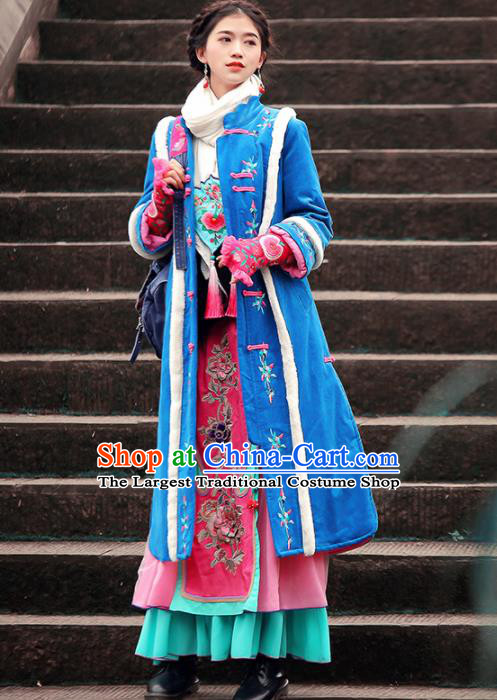 Chinese Traditional Winter Embroidered Blue Corduroy Cotton Padded Coat National Tang Suit Overcoat Costumes for Women