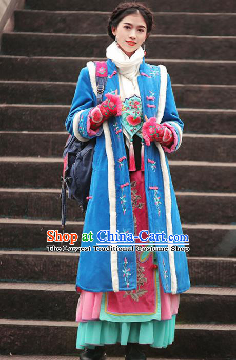 Chinese Traditional Winter Embroidered Blue Corduroy Cotton Padded Coat National Tang Suit Overcoat Costumes for Women