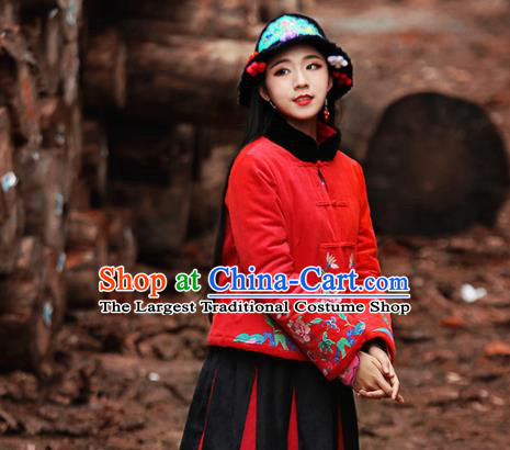 Chinese Traditional Winter Embroidered Red Cotton Padded Jacket National Tang Suit Overcoat Costumes for Women