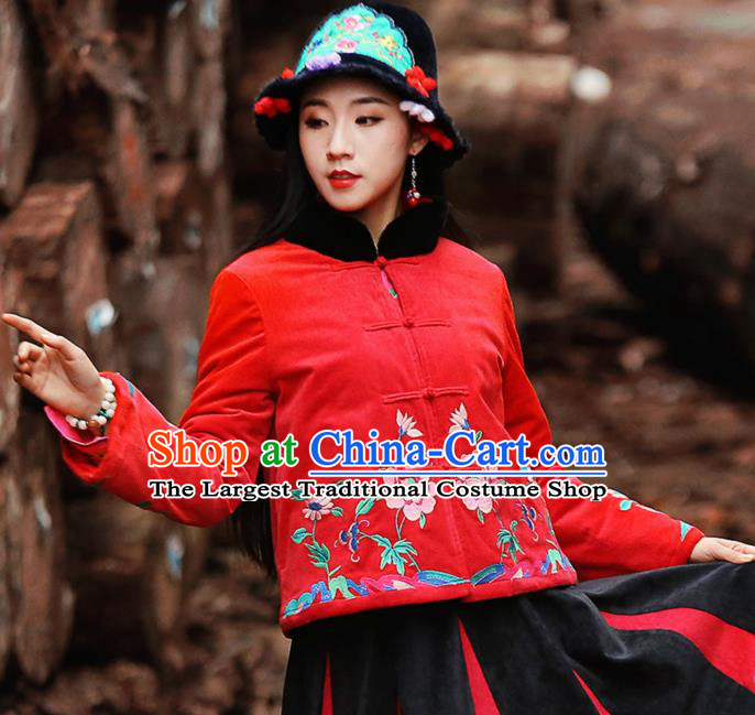 Chinese Traditional Winter Embroidered Red Cotton Padded Jacket National Tang Suit Overcoat Costumes for Women