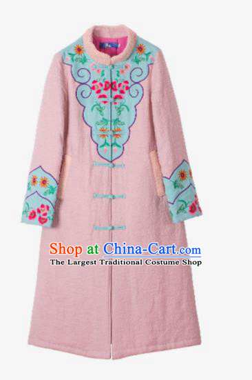 Chinese Traditional Winter Embroidered Pink Cotton Padded Coat National Tang Suit Overcoat Costumes for Women