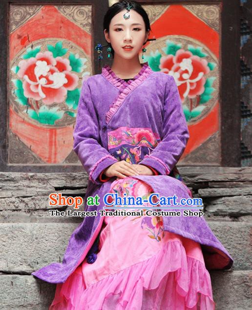 Chinese Traditional Winter Embroidered Purple Cotton Padded Coat National Tang Suit Overcoat Costumes for Women