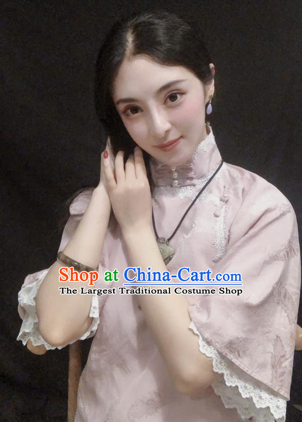 Chinese Traditional Tang Suit Pink Lace Shirt National Upper Outer Garment Blouse Costume for Women