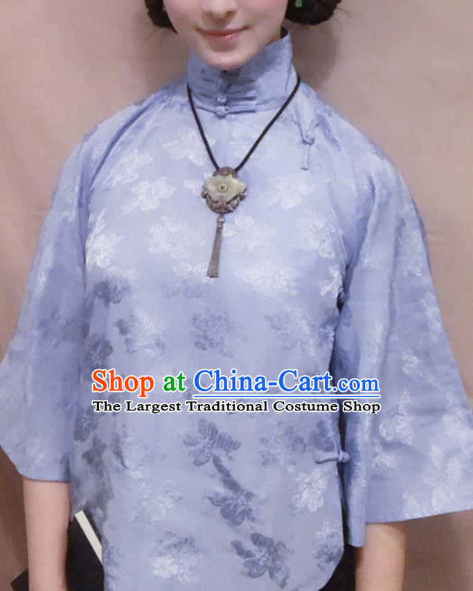Chinese Traditional Tang Suit Blue Stand Collar Shirt National Upper Outer Garment Blouse Costume for Women