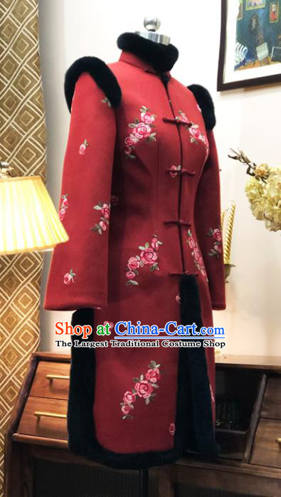 Chinese Traditional Winter Embroidered Red Cotton Padded Coat National Tang Suit Overcoat Costumes for Women