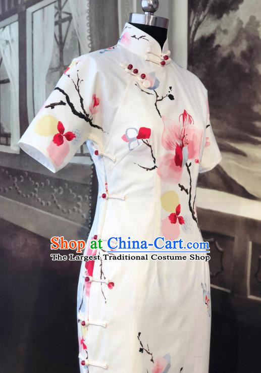 Chinese Traditional Printing White Qipao Dress National Tang Suit Cheongsam Costumes for Women