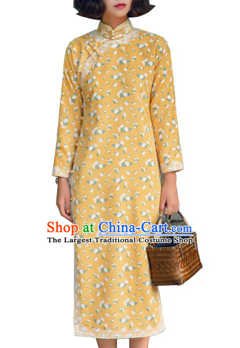 Chinese Traditional Yellow Corduroy Qipao Dress National Tang Suit Cheongsam Costumes for Women