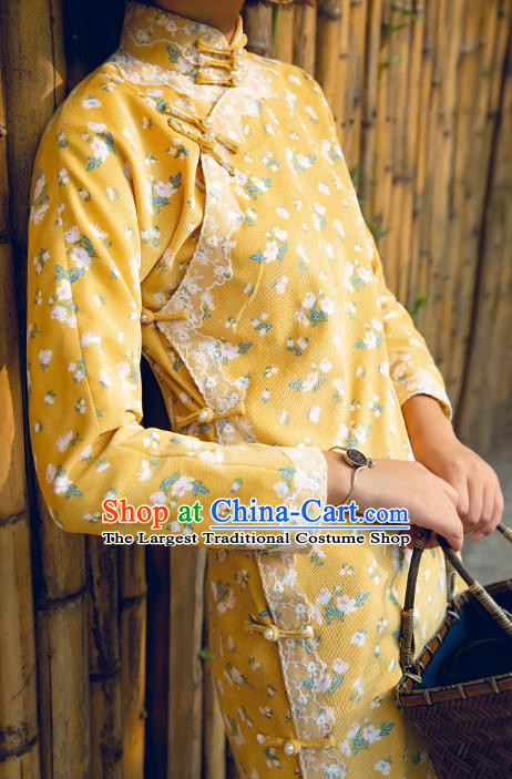 Chinese Traditional Yellow Corduroy Qipao Dress National Tang Suit Cheongsam Costumes for Women