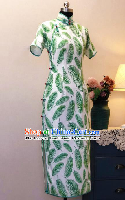 Chinese Traditional Printing Green Feather Qipao Dress National Tang Suit Cheongsam Costumes for Women