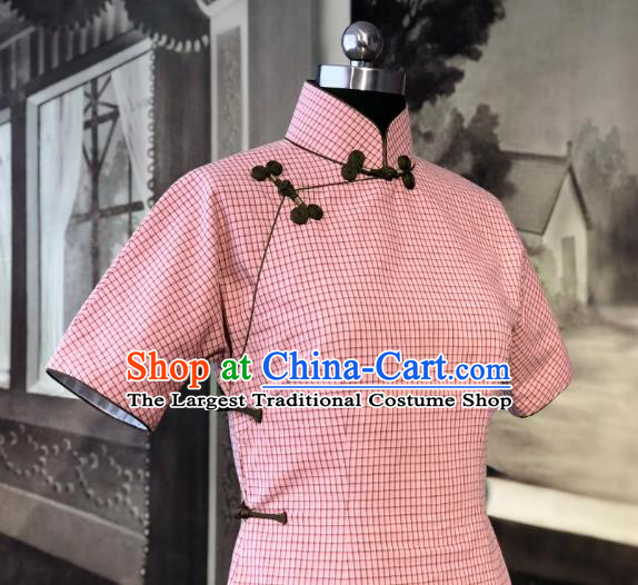 Chinese Traditional Pink Flax Qipao Dress National Tang Suit Cheongsam Costumes for Women
