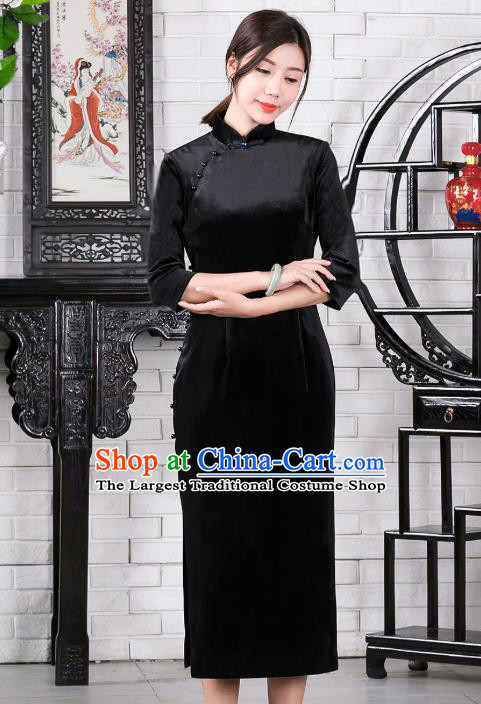 Chinese Traditional Black Velvet Qipao Dress National Tang Suit Cheongsam Costumes for Women