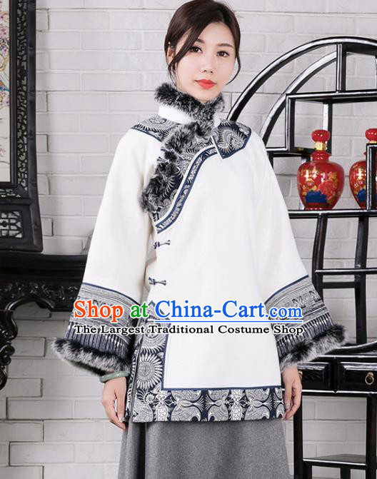 Chinese Traditional Winter White Woolen Coat National Tang Suit Overcoat Costumes for Women