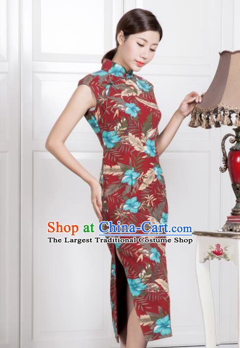 Chinese Traditional Printing Purplish Red Qipao Dress National Tang Suit Cheongsam Costumes for Women
