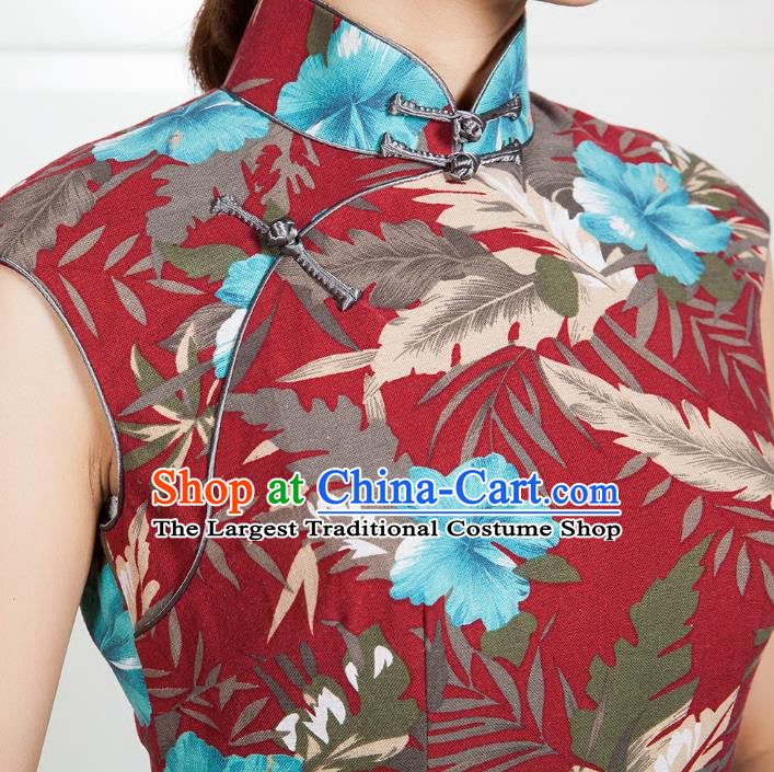 Chinese Traditional Printing Purplish Red Qipao Dress National Tang Suit Cheongsam Costumes for Women