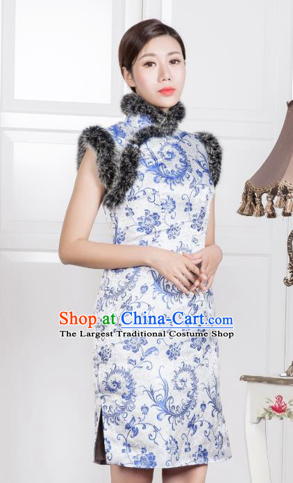 Chinese Traditional Printing White Silk Sleeveless Qipao Dress National Tang Suit Cheongsam Costumes for Women