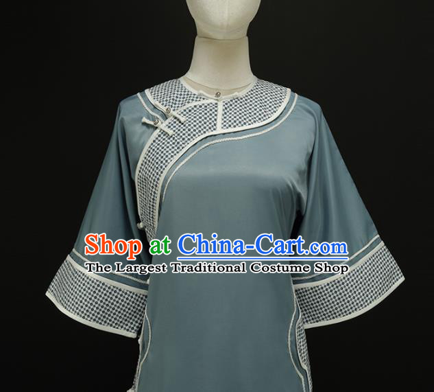 Chinese Traditional Plated Buttons Blue Qipao Dress National Tang Suit Cheongsam Costumes for Women