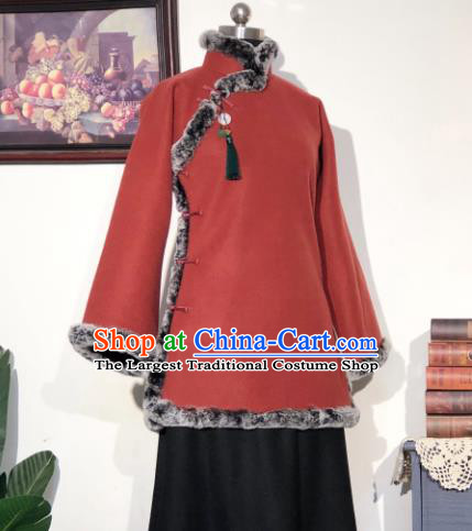 Chinese Traditional Winter Purplish Red Coat National Tang Suit Overcoat Costumes for Women