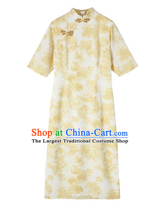 Chinese Traditional Retro Printing Yellow Qipao Dress National Tang Suit Cheongsam Costumes for Women