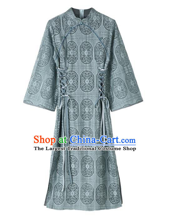 Chinese Traditional Retro Blue Lace Qipao Dress National Tang Suit Cheongsam Costumes for Women