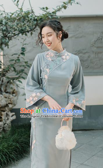 Chinese Traditional Retro Light Blue Qipao Dress National Tang Suit Cheongsam Costumes for Women