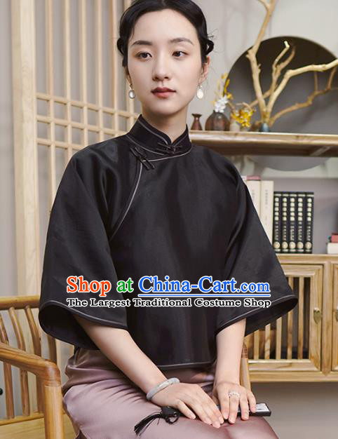 Chinese Traditional Tang Suit Black Organza Blouse National Shirt Upper Outer Garment Costumes for Women