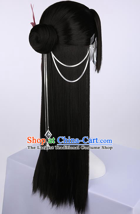 Chinese Traditional Cosplay Female Swordsman Black Wigs Ancient Princess Wig Sheath for Women