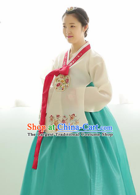 Korean Traditional Wedding Bride Hanbok White Blouse and Green Dress Garment Asian Korea Fashion Costume for Women