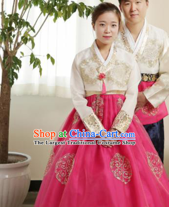 Korean Traditional Wedding Bride Hanbok White Blouse and Pink Dress Garment Asian Korea Fashion Costume for Women