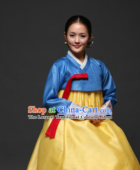 Korean Traditional Court Hanbok Blue Satin Blouse and Yellow Dress Garment Asian Korea Fashion Costume for Women