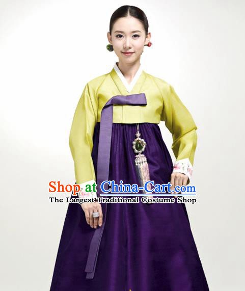 Korean Traditional Court Hanbok Green Satin Blouse and Purple Dress Garment Asian Korea Fashion Costume for Women