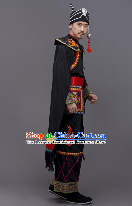 Chinese Traditional Yi Nationality Wedding Black Garment Ethnic Folk Dance Costume for Men