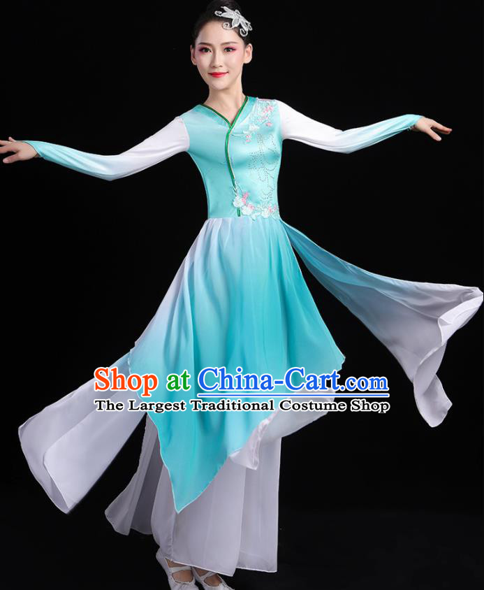 Chinese Traditional Classical Dance Blue Dress Umbrella Dance Stage Performance Costume for Women