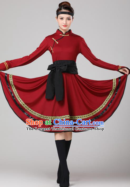 Chinese Traditional Mongol Nationality Purplish Red Dress Mongolian Ethnic Folk Dance Costume for Women