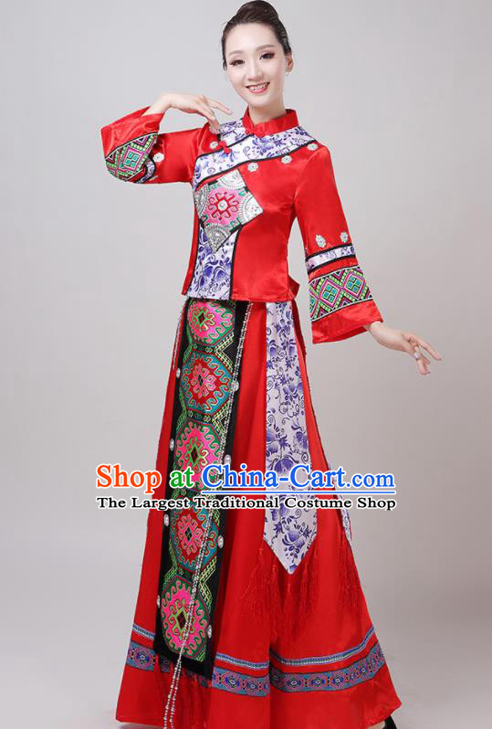 Chinese Traditional Tujia Nationality Red Dress Yi Ethnic Folk Dance Costume for Women