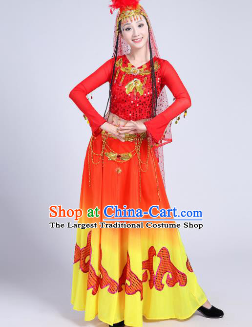 Chinese Traditional Uyghur Nationality Red Dress Uigurian Ethnic Folk Dance Costume for Women