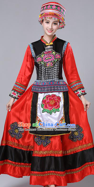 Chinese Traditional Yi Nationality Folk Dance Red Dress Ethnic Stage Show Costume for Women