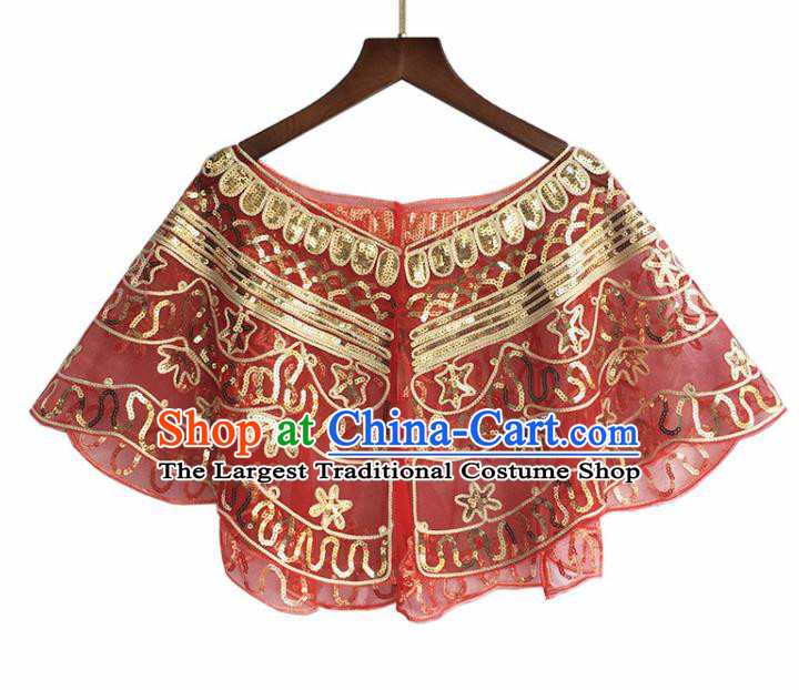 Top Professional Latin Dance Sequins Red Blouse Modern Dance Cloak Stage Performance Costume for Women