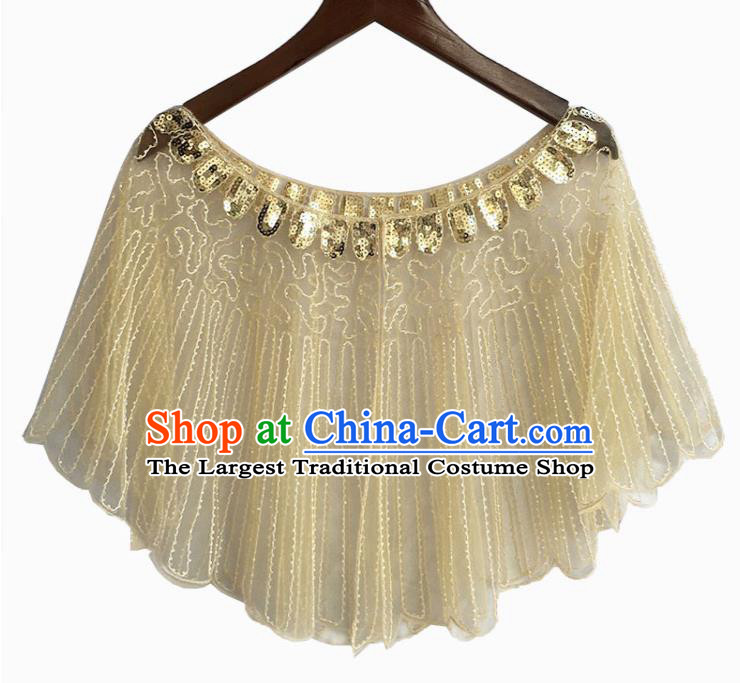 Top Professional Latin Dance Sequins Beige Blouse Modern Dance Cloak Stage Performance Costume for Women