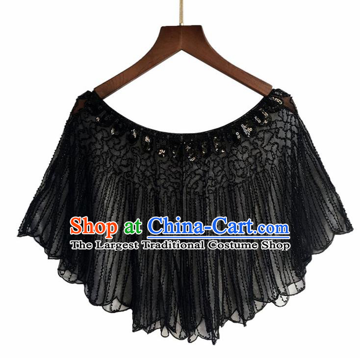 Top Professional Latin Dance Sequins Black Blouse Modern Dance Cloak Stage Performance Costume for Women