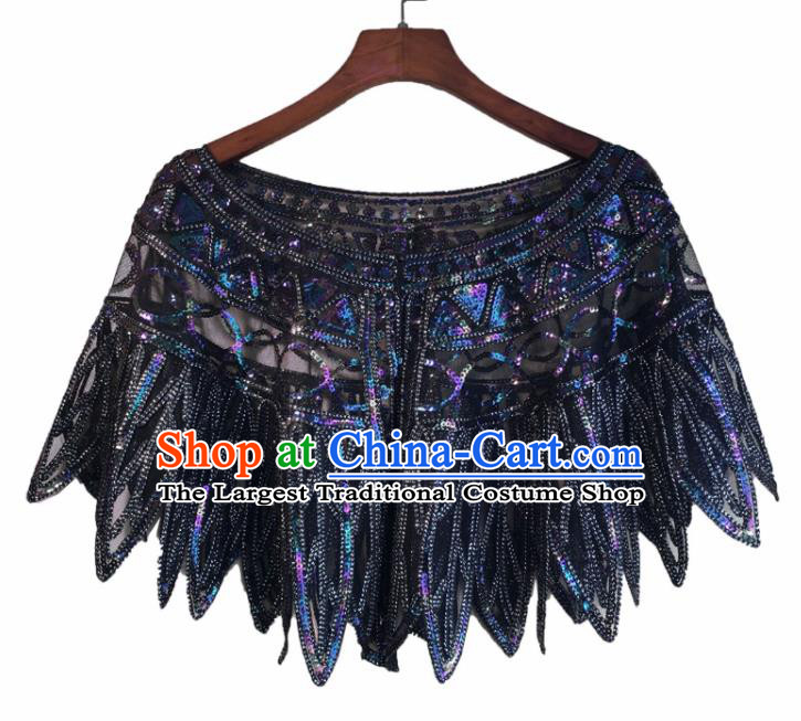 Top Professional Latin Dance Navy Sequins Cloak Modern Dance Blouse Stage Performance Costume for Women