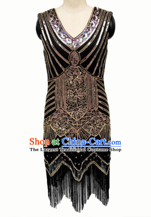 Top Professional Latin Dance Golden Sequins Tassel Black Short Dress Modern Dance Stage Performance Costume for Women