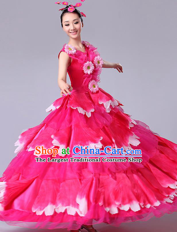 Chinese Traditional Peony Dance Fan Dance Rosy Dress Classical Dance Stage Performance Costume for Women