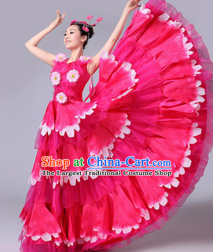 Chinese Traditional Peony Dance Fan Dance Rosy Dress Classical Dance Stage Performance Costume for Women