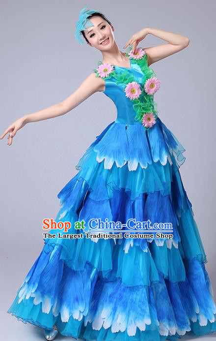 Chinese Traditional Peony Dance Fan Dance Blue Dress Classical Dance Stage Performance Costume for Women