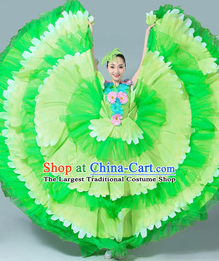 Chinese Traditional Peony Dance Fan Dance Green Dress Classical Dance Stage Performance Costume for Women