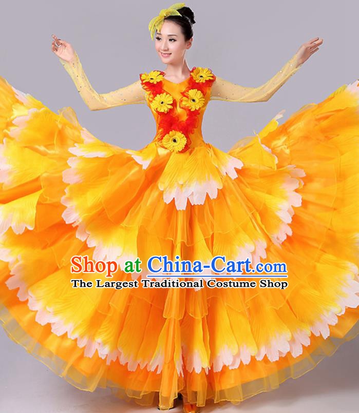 Chinese Traditional Peony Dance Fan Dance Orange Dress Classical Dance Stage Performance Costume for Women