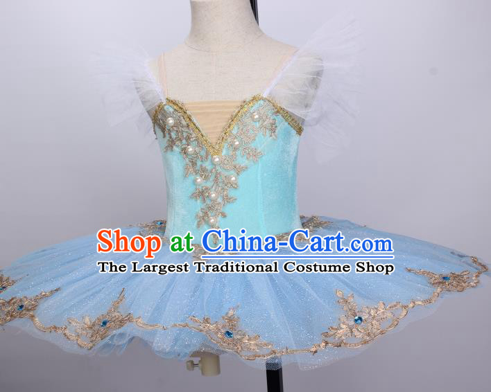 Professional Ballet Dance Tutu Blue Veil Short Dress Modern Dance Ballerina Stage Performance Costume for Kids