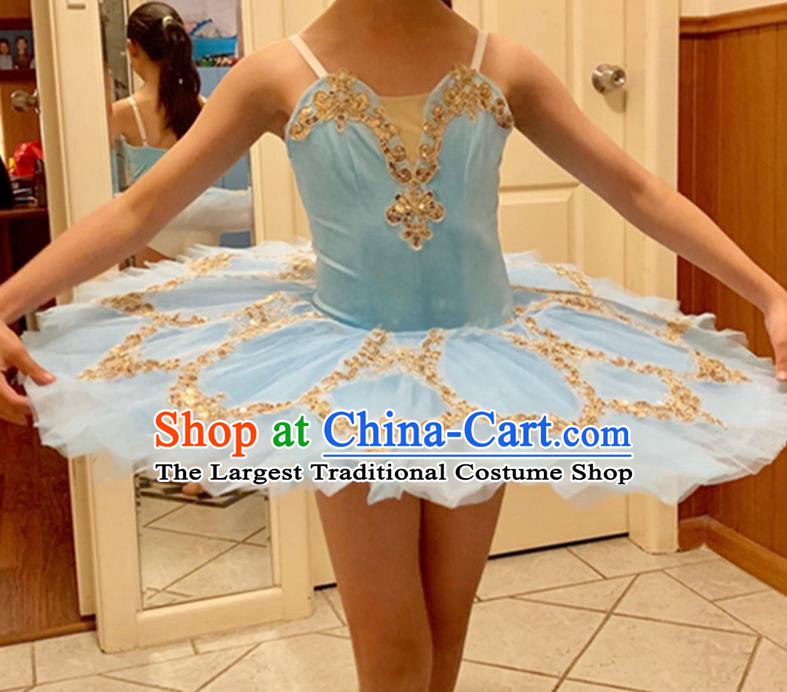 Professional Ballet Dance Tutu Sequins Blue Short Dress Modern Dance Ballerina Stage Performance Costume for Kids