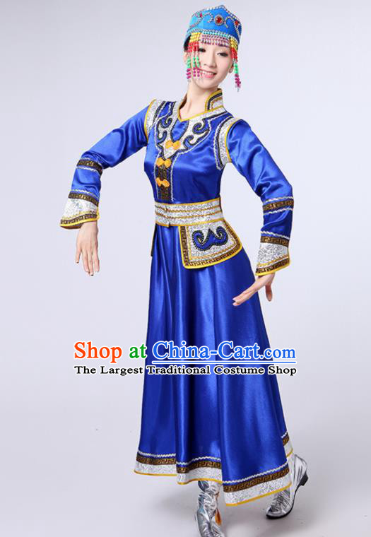 Chinese Traditional Mongol Nationality Royalblue Dress Mongolian Ethnic Folk Dance Costume for Women